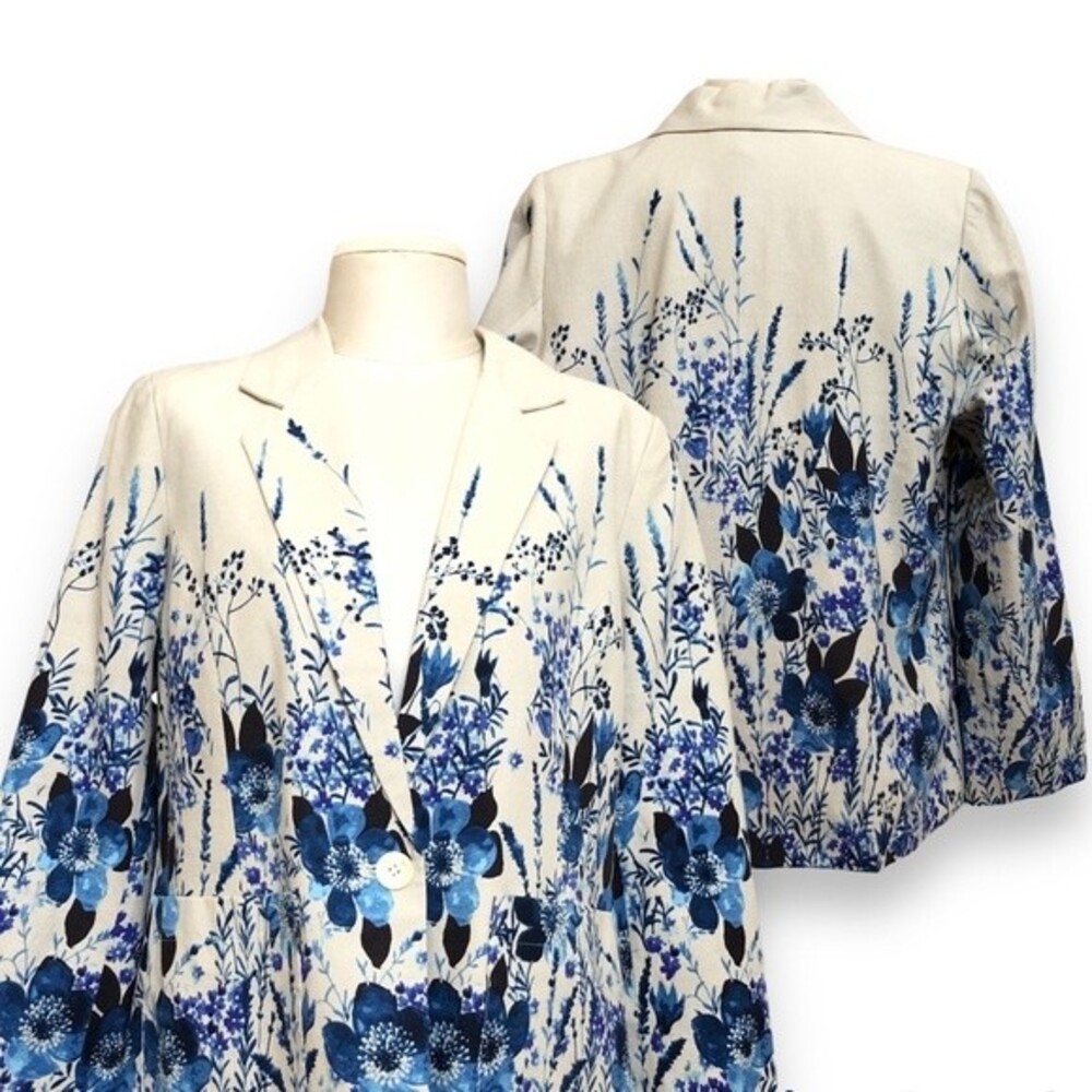 Norm Thompson Blazer Womens Large Blue Linen Floral Watercolor Blend One Button